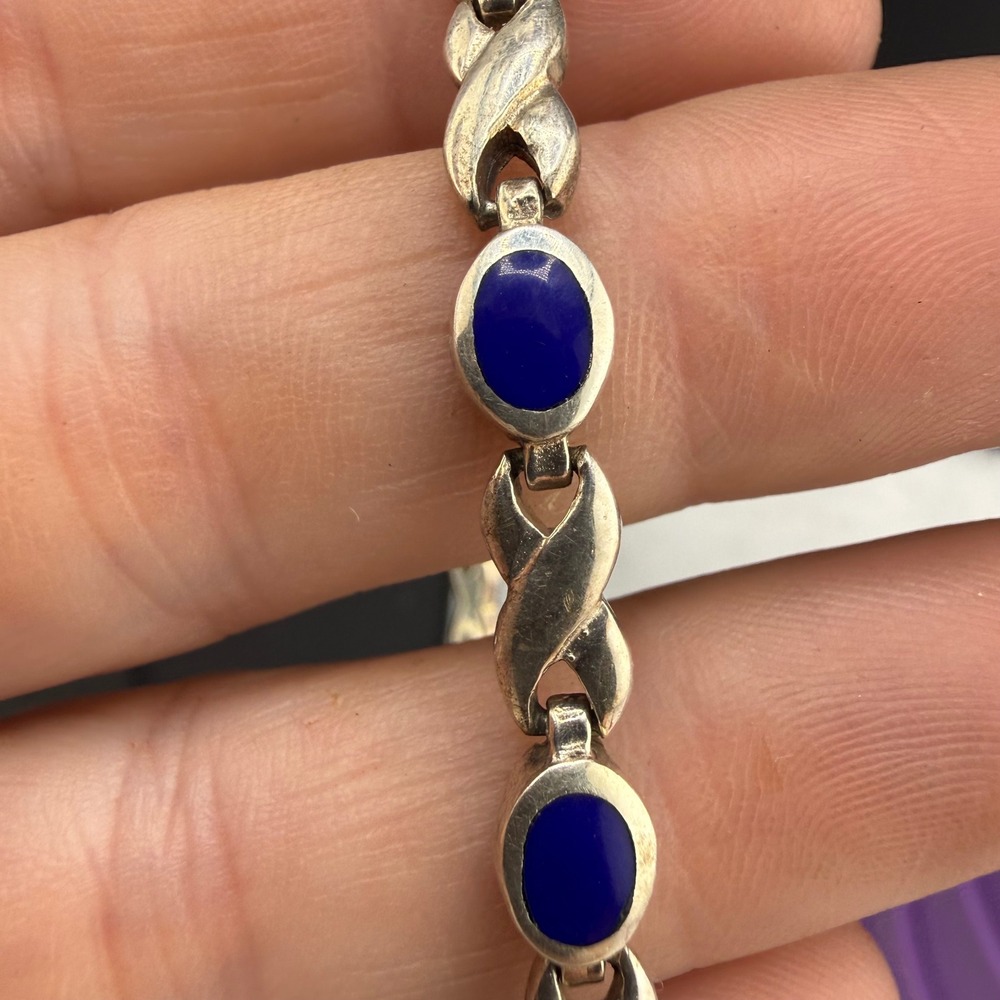 Vintage Sterling Silver 925 Bracelet Blue Lapis Lazuli X Link 7"